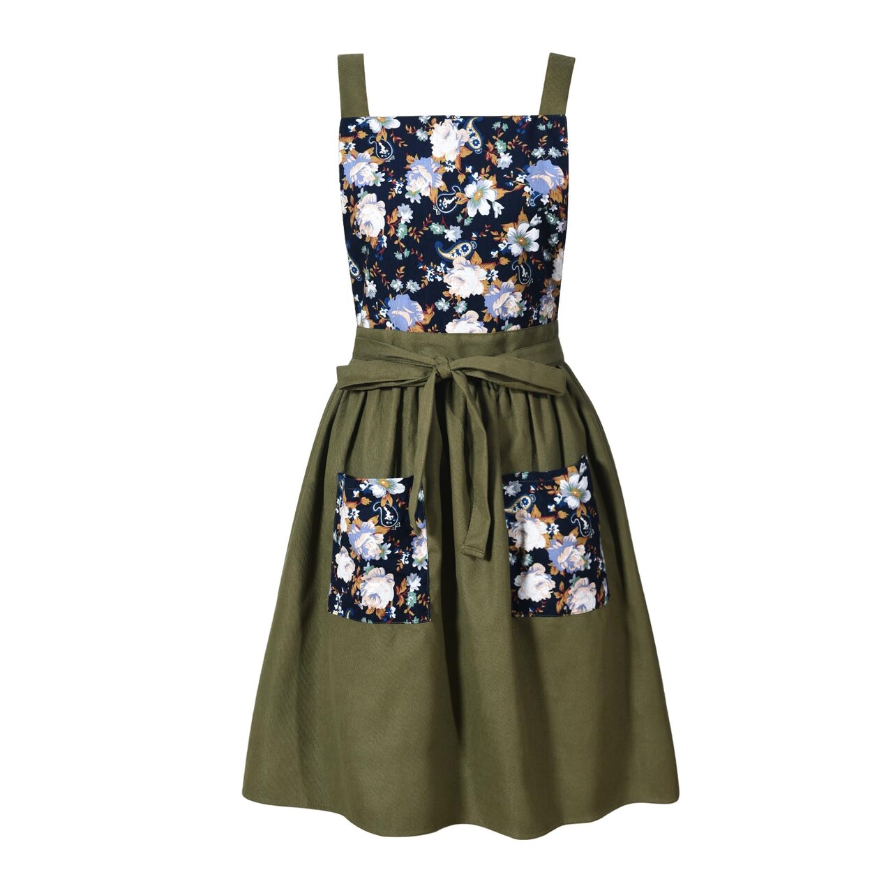Vintage Pinafore Apron Dress for Women with Pockets Cute Floral Chef Aprons for Kitchen Cooking Baking Gardening (Olive Green)